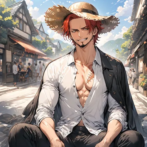 (masterpiece, best quality), intricate details, 1 chico, man, red hair, top-hat, shnks, mangos \(one piece\), scar on face, 3 le...