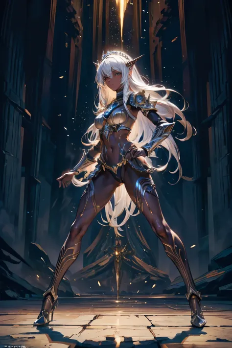 masterpiece,Highest quality,Very detailed,Dark Elf,Fantasy, teenager, (full body),White Hair,Beautiful and detailed eyes,Brown Skin,skinny,Dynamic,Luxurious black armor,palace,action