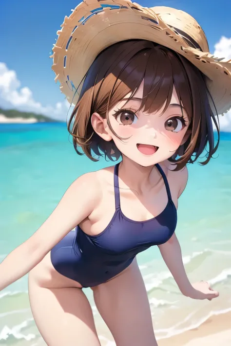 ((4K, 8k, Highest quality, Perfect Fingers:1.3, Perfect Anatomy:1.3, Blur the background)), 1 person, ((Small breasts, Cute droopy eyes, short hair, Brown Hair,)), Laughter, (Trichrome, One piece swimsuit), An angle that captures the whole body, White sand...