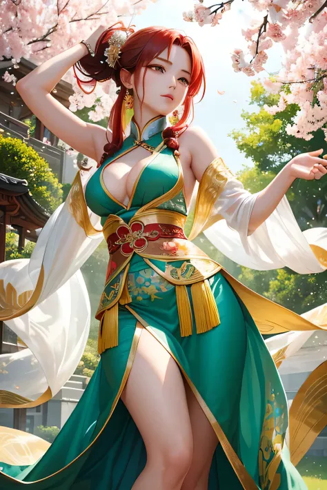 Create an image of Yang Guifei, the famous Chinese imperial consort, performing a dance in a lush pear garden (Liyuan). She should be depicted in traditional Tang Dynasty attire, a flowing and ornate dress with intricate embroidery and rich, vibrant colors...