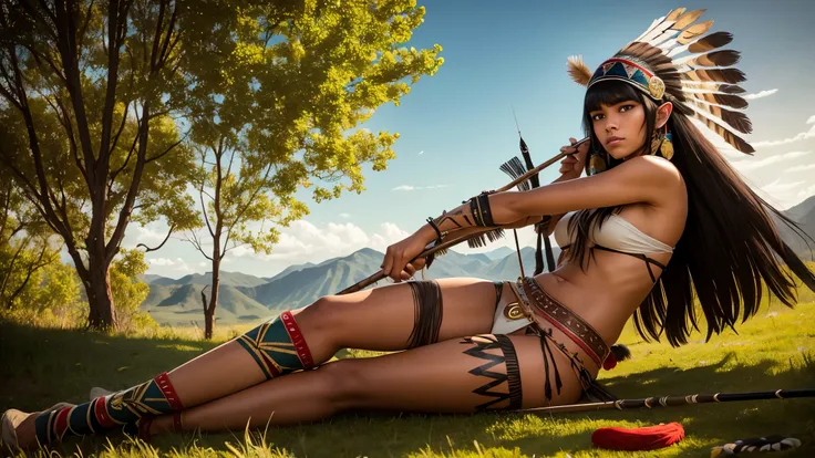 indigenous girl -HD photo - sexy photo -indigenous warrior- full body photo- beautiful legs- forest- high detailed- perfect face- straight black hair- straight bangs -snake- war paint- feather headdress- feathers- 18 years old- bow and arrow- horse- wind