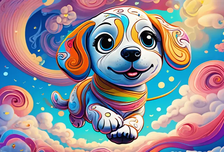 swirly art puppy character, fly through beautifully detailed skies、detailed outline, cute, art brut style, dynamic pose, whimsic...