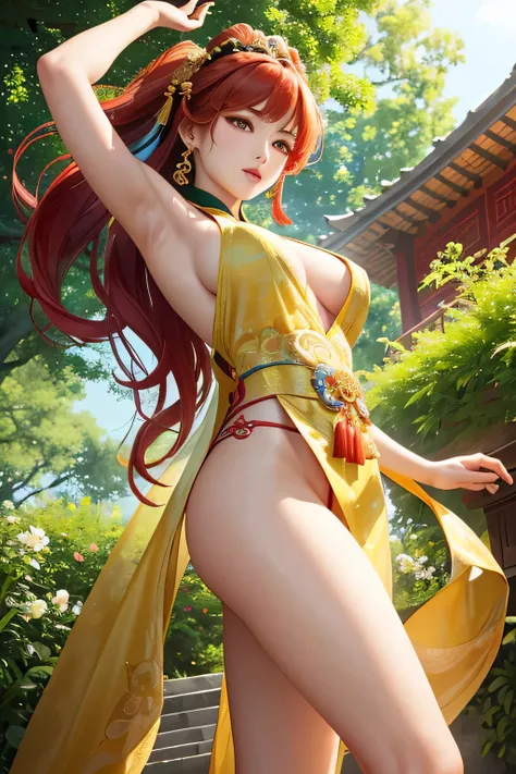 Create an image of Yang Guifei, the famous Chinese imperial consort, performing a dance in a lush pear garden (Liyuan). She should be depicted in traditional Tang Dynasty attire, a flowing and ornate dress with intricate embroidery and rich, vibrant colors...