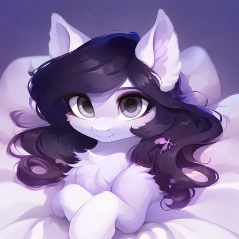 rating_safe, score_9, fluffy, feral pegasus pony, female,round cute face， Lavender purple body, black-purple mane, disheveled hair, soft and delicate long hair, clear grey eyes, grey eyes, smiling. dynamic。young and beautiful。Lying in bed，Astringent