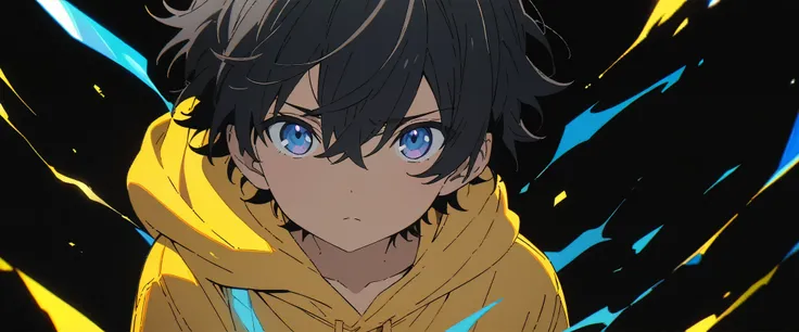 [(BLACK BACKGROUND:1.5)], ((((masterpiece)))), high quality, very_high_resolution, large_filesize, full color, solo, (((younger boy))), ((black hair)), (blue color eyes), yellow hoodie, (White effect:1), anime,