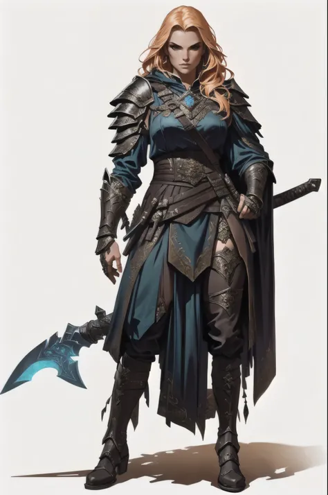 a woman with a sword and a skull, rpg character art, rpg portrait full body, d & d style full body portrait, fantasy d&d character, north adult female warrior, from pathfinder, intricate details, highly detailed, 8k, hyperrealistic, cinematic lighting, dra...