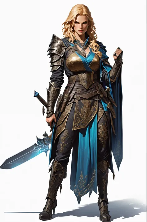 a woman with a sword and a skull, rpg character art, rpg portrait full body, d & d style full body portrait, fantasy d&d character, north adult female warrior, from pathfinder, intricate details, highly detailed, 8k, hyperrealistic, cinematic lighting, dra...