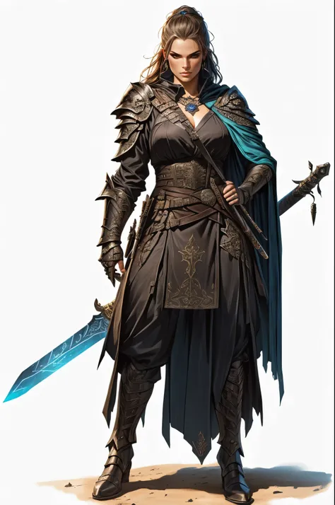 a woman with a sword and a skull, rpg character art, rpg portrait full body, d & d style full body portrait, fantasy d&d character, north adult female warrior, from pathfinder, intricate details, highly detailed, 8k, hyperrealistic, cinematic lighting, dra...