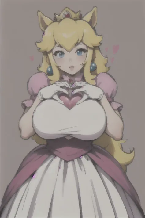 1 girl, alone, lips, horse tail, big breasts,  heart hands, simple heart dress background, princess peach