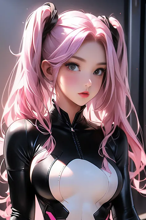 ((upper body photo))、cute face、pink hair、long hair、twin tails、white skin、((shooting from the front:1.5 ))、((tight black leather ...