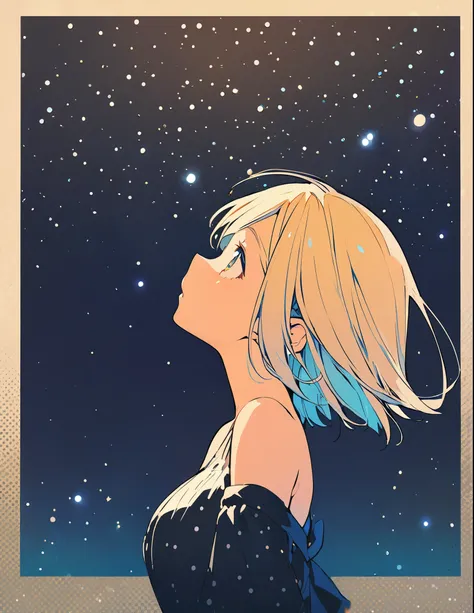 Profile of a cheerful blonde short-haired girl with huge breasts　Expose　Screentone processing　Looking up at the night sky