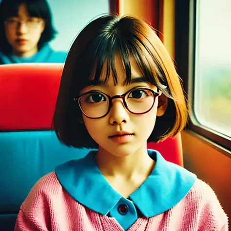 7 years old 、elementary school girl、red-rimmed glasses、sit in a train seat、close-up of face from the front