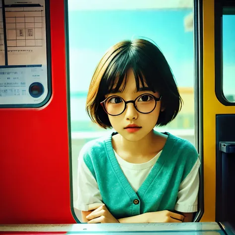 7 years old 、elementary school girl、red-rimmed glasses、sit in a train seat、from the front、