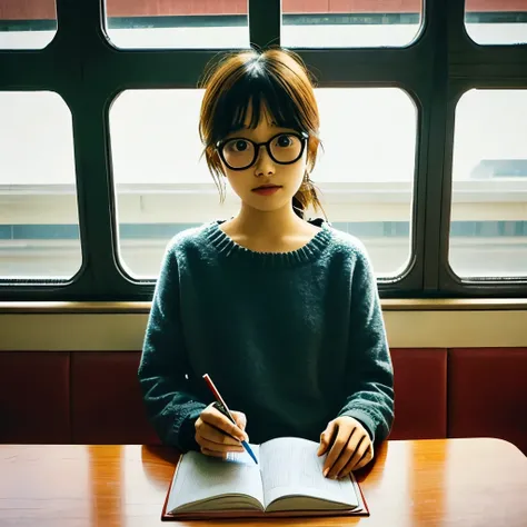 7 years old 、elementary school girl、red-rimmed glasses、sit in a train seat、from the front、