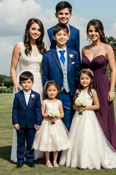 In a group photo at a wedding, there are 3 girls and 6 boys captured together. 1 boy and 1 girl are short in height.