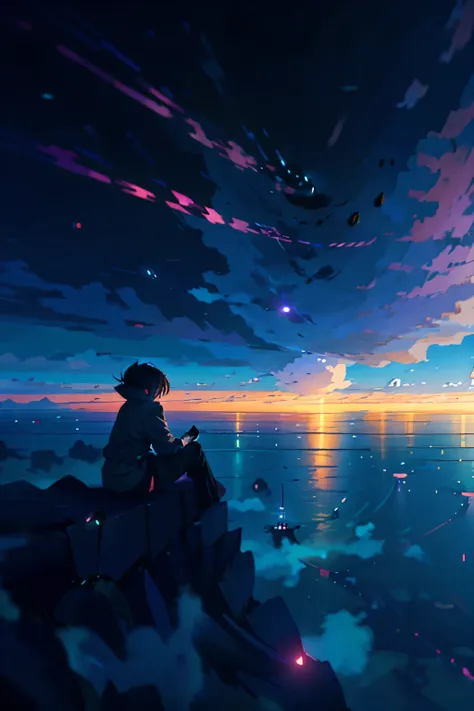 Anime girl sitting on a pier looking at the night city, Makoto Shinkai Cyril Roland, anime art wallpaper 4k, anime art wallpaper 4k, Anime Art Wallpapers 8K, Space Sky. por Makoto Shinkai, 4k anime wallpaper, 4k anime wallpaper, anime wallpaper 4k, The gir...