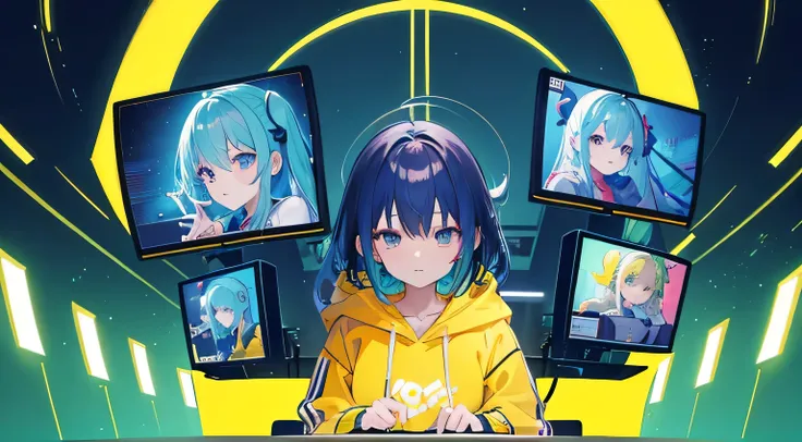 geeky smart anime cute girl talking wearing a yellow hoodie.he is sitting behind a laptop and microphone,looking left to camera,left centered character portrait,character in middle,cool background with red,green and blue lights,square big screen showing an...