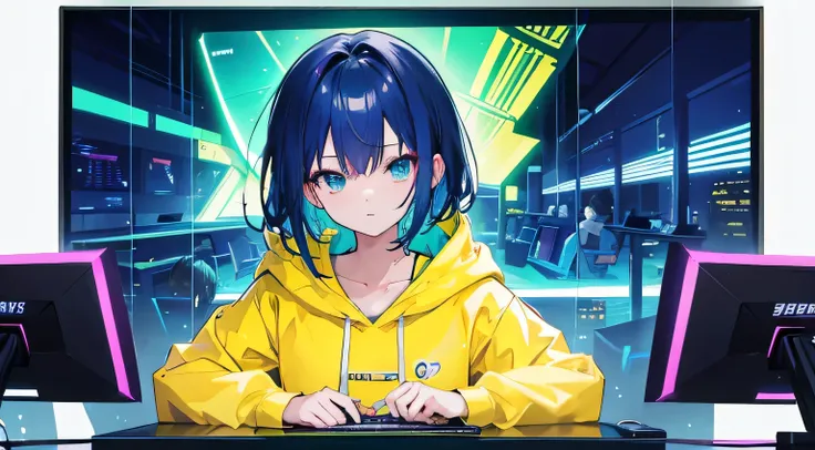 geeky smart anime cute girl talking wearing a yellow hoodie.he is sitting behind a laptop and microphone,looking left to camera,left centered character portrait,character in middle,cool background with red,green and blue lights,square big screen showing an...