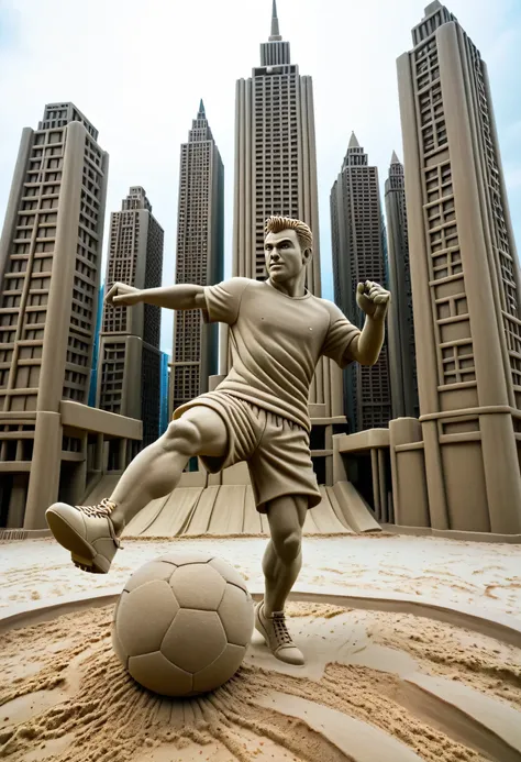 Sand sculpture style,   Hero kicking a soccer ball on the football field，color，High-rise buildings，A strong sense of déjà vu