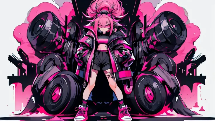 Step Piece, Highest quality, Best illustrations, Very detailed,girl, Pink Rose Long Hair, crazy baddie girl, Cool black open short jacket, Neck Tattoo, Messy fade cut hair, Side braided hair,crazy, Standing there with an eerie feeling, Knee-high socks, Unu...