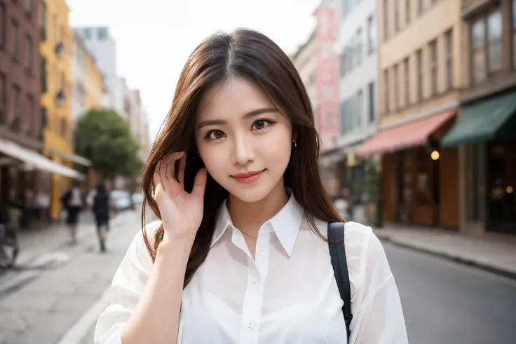 RAW Photos, looking at the camera, ((Highest quality, 8k, masterpiece: 1.3)), Sharp focus: 1.2, White shirt, Beautiful Features, The best smile, Cute Smile, Beautiful woman with perfect style: 1.4, Slim Abs: 1.2, Dark brown hair, (Natural light, City Stree...