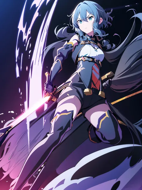 anime girl with sword and black outfit standing in front of black background, a character portrait inspired by Munakata Shikō, trending on pixiv, neoism, kirito, an edgy teen assassin, holds a black sword, official character art, with large sword, anime ch...