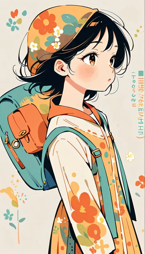 Girl carrying a Fujichoco style backpack，My backpack is full of happy spring，Simple line initialism，abstract art，background, (((The Most Beautiful Girl))),