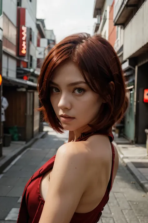 TokyoReventer woman, dark red hair, Emerald red eyes, short, shoulder-length hair and a knot, wearing a Tokyo Manjikai gang outfit. 