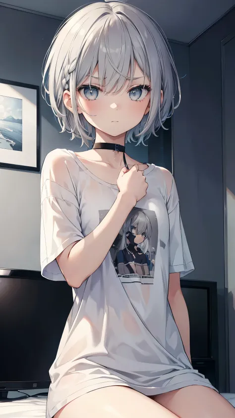 High resolution,high resolution,Girl,(Braiding,Gray Hair,Short Hair,Blue accent color),Grey Eyes,Slanted Eyes,Bad mood,boyish,slender,Naked T-shirt,sit,On the bed,Dark Room,tv set,choker,,