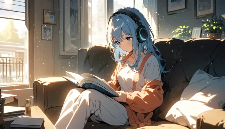 Girl sitting on sofa reading a book,In front of a large window,Morning sunlight,Streetscape、listen to music、