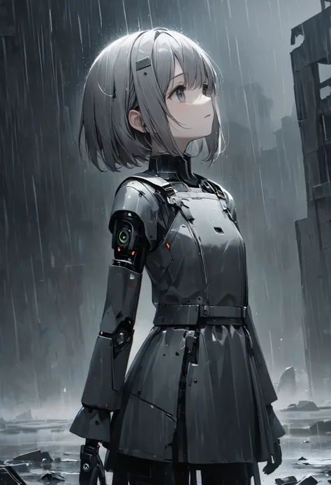 アニメ,(8k, Highest quality)、Ultra-high resolution、Adorable、Highest quality, beautiful, Absurd beauty、masterpiece、Best image quality、Rainy old background,Broken Android,A sad and poignant work,Grey World,An android girl who still believes despite being abando...