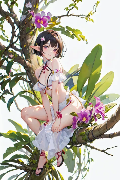 ((Cattleya, Three Flowers, close, whole body, ))、(Elf sitting on a tree branch、short hair、A kind smile、Small breasts)、Soft Focus、((Sargent-style watercolor))、((White Background))、(No background)、Blur the background、(Highest quality、High resolution、masterpi...