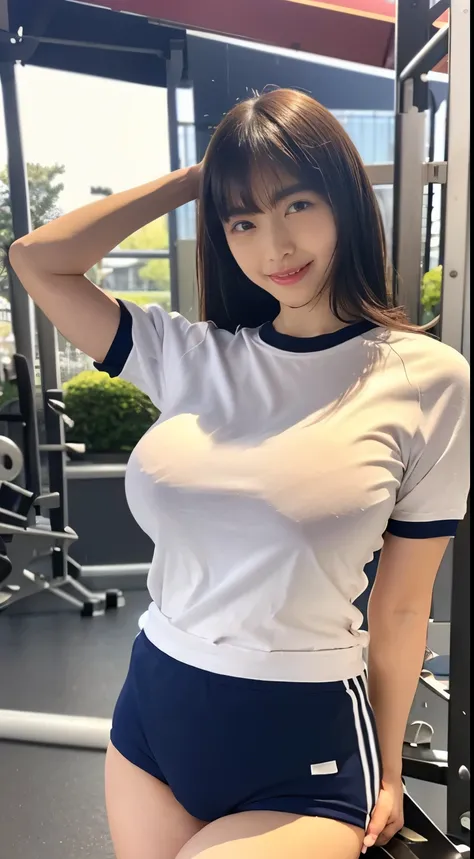 alone、high school girl、White skin、Natural Makeup、Black Hair、bangs、Straight Long Hair、(((White short-sleeved T-shirt on the upper body)))、(((Long white gym clothes)))、(((Very tight bloomerid rise bloomers)))、(((Navy Bloomers)))、(((Tuck the bottom of your gy...