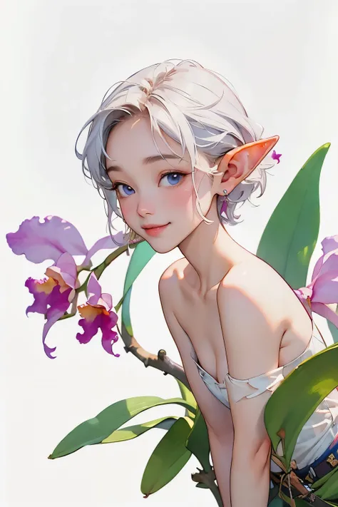 ((Cattleya, Three Flowers, close, whole body, ))、(Elf sitting on a tree branch、short hair、A kind smile、Small breasts)、Soft Focus、((Sargent-style watercolor))、((White Background))、(No background)、Blur the background、(Highest quality、High resolution、masterpi...