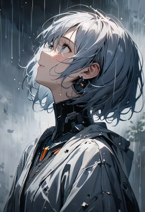 (8k, Highest quality)、Ultra-high resolution、Adorable、Highest quality, beautiful, Absurd beauty、masterpiece、Best image quality、Rainy old background,Broken Android,A sad and poignant work,Grey World,An android girl who still believes despite being abandoned ...