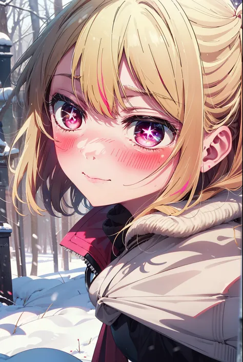 rubyhoshino, Hoshino Ruby, Long Hair, bangs, blonde, (Pink Eyes:1.3), Side Lock, (Symbol-shaped pupil:1.5), Multicolored Hair, Two-tone hair, smile,,smile,blush,white breath,
Open your mouth,snow,Ground bonfire, Outdoor, boots, snowing, From the side, wood...