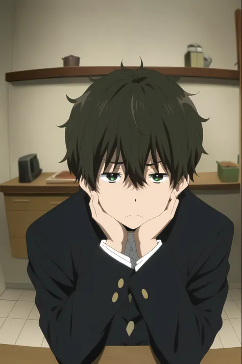 oreki houtarou, 1boy, male focus, solo, brown hair, green eyes, black shirt, gakuran, looking at viewer, hand on own cheek, upper body, frown, closed mouth, sitting, elbows on table,