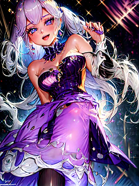 an adult woman, blonde with two pigtails with a purple bow each, purple dress with sparkles and diamonds, short and gala, with an opening in its pirrna, she has blue eyes, is at a late night dinner in a rich place, and her name is princess peach