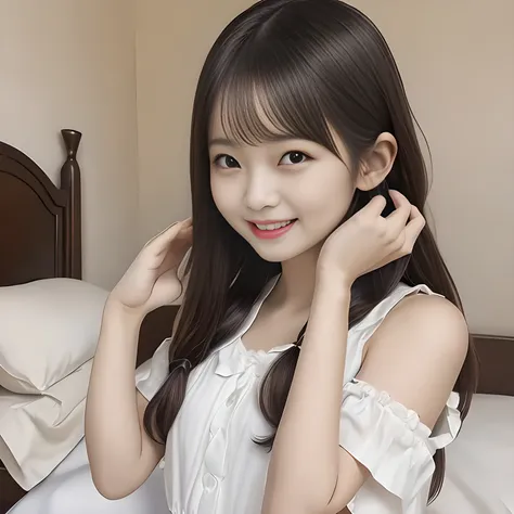 (Highest quality, masterpiece:1.2), Highest quality, High resolution, 1080P, 8k, height: 158cm, ((many beautiful hands and arms)), ((many girly white beautiful arms are coming out from the bed))