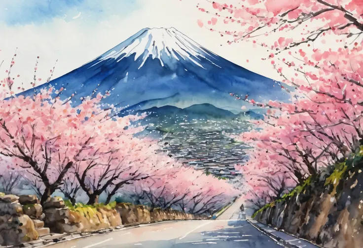 (cherry blossom and street:1.5), (ink and watercolor painting:1.5), (tasteful:1.5), (ink and watercolor painting:1.5), (full col...