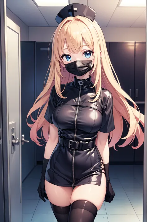 black nurse, 1woman, solo, black nurse cap, black nurse uniform, ((black legwear, zettai ryouiki)), black elbow gloves, blonde hair, blue eyes, ((black surgical mask, covered nose)), standing, ((surgery room)), sharp outline, short sleeves, mature female, ...