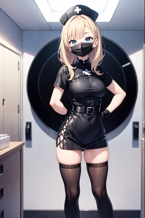 black nurse, 1woman, solo, black nurse cap, black nurse uniform, ((black legwear, zettai ryouiki)), black elbow gloves, blonde hair, blue eyes, ((black surgical mask, covered nose)), standing, ((surgery room)), sharp outline, short sleeves, mature female, ...