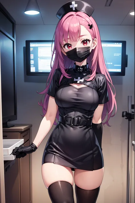 black nurse, 1woman, solo, black nurse cap, black nurse uniform, ((black legwear, zettai ryouiki)), black elbow gloves, long hair, purple hair, red eyes, ((black surgical mask, covered nose)), standing, ((surgery room)), sharp outline, short sleeves, matur...
