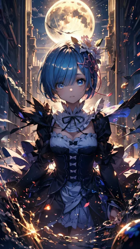 (Highest quality),(masterpiece), 8k,Very detailed, Detailed light, Best Shadow,Detailed reflective eyes, Beautiful Eyes, Very detailedな顔,Shiny Hair,One person,Gloss,semi-long,Blue Hair,Blue Eyes,enchanting,Expressionless,Quiet anger,full moon,hair ornament...