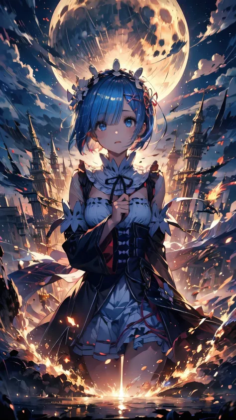 (Highest quality),(masterpiece), 8k,Very detailed, Detailed light, Best Shadow,Detailed reflective eyes, Beautiful Eyes, Very detailedな顔,Shiny Hair,One person,Gloss,semi-long,Blue Hair,Blue Eyes,enchanting,Expressionless,Quiet anger,full moon,hair ornament...