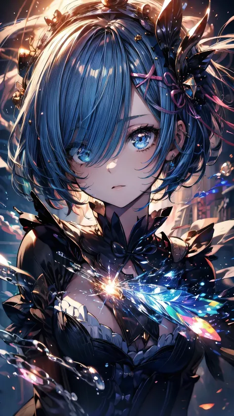 (Highest quality),(masterpiece), 8k,Very detailed, Detailed light, Best Shadow,Detailed reflective eyes, Beautiful Eyes, Very detailedな顔,Shiny Hair,One person,Gloss,semi-long,Blue Hair,Blue Eyes,enchanting,Expressionless,Quiet anger,full moon,hair ornament...