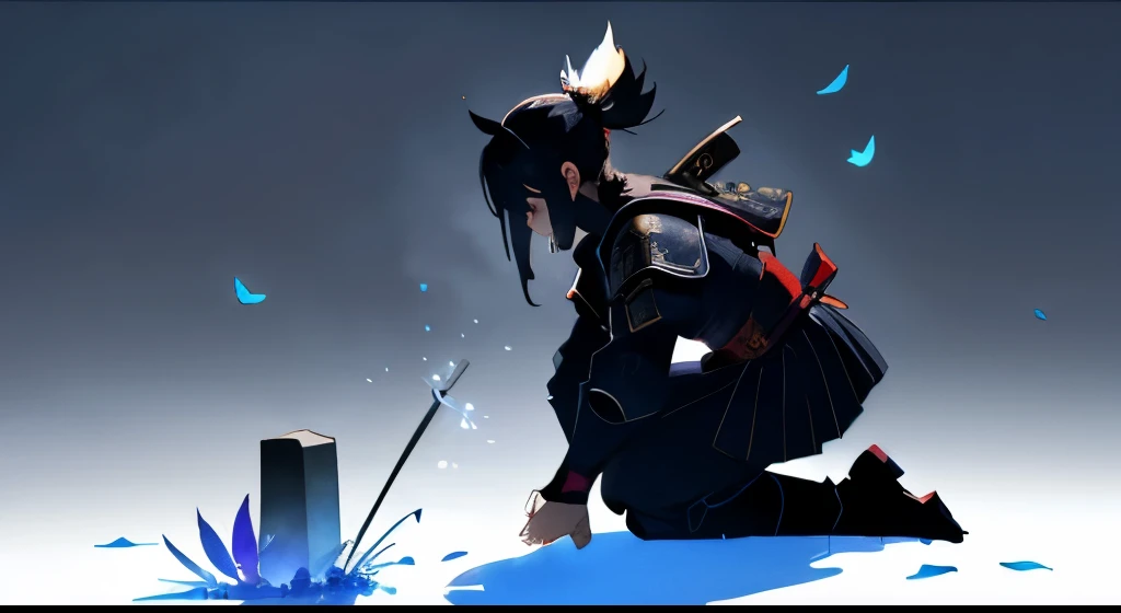 Female samurai、Late Night、Weeds that emit blue light、Spring equinox flower、fire Fly、Dim atmosphere、（And its rich details：1.3）、Strong contrast、Hard Shadow、cigarette、Strong winds、petal、particle、Mourning the dead、Kneel、Black Samurai Armor、Simple wooden tombst...