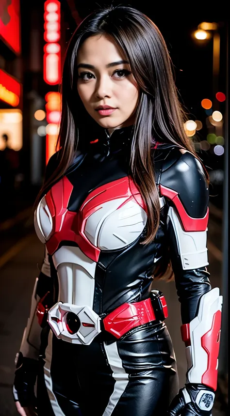 malay girl, brown long hair, red lips, shy, medium portrait, watery eyes, pink glowing particles, wearing red black kamen rider ...