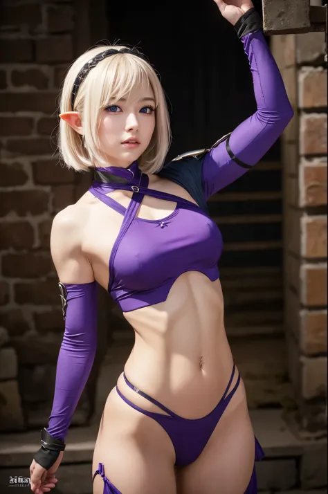 8k、Short blonde bobヘアのエルフ、Super Beauty(Realistic)、Alafeid woman dressed in purple and black、Ultra-detailed fantasy characters、3D Rendering Character Art、blue eyes、Detail Fantasy、Stunning Armor、Amazing character art、Gorgeous Female Paladin、Ultra-high resolu...