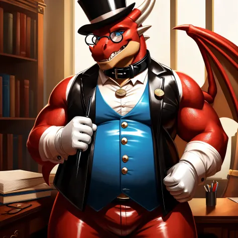 Solo, Male, fat, extremely obese, gentleman, dapper Professor Dragon, blue eyes, (posing:1.3), (soft shading), 4k, hi res, ((detailed face, detailed)), looking at viewer, mouth wide open, steampunk, dapper clothing, collared shirt with buttons, top hat, ma...